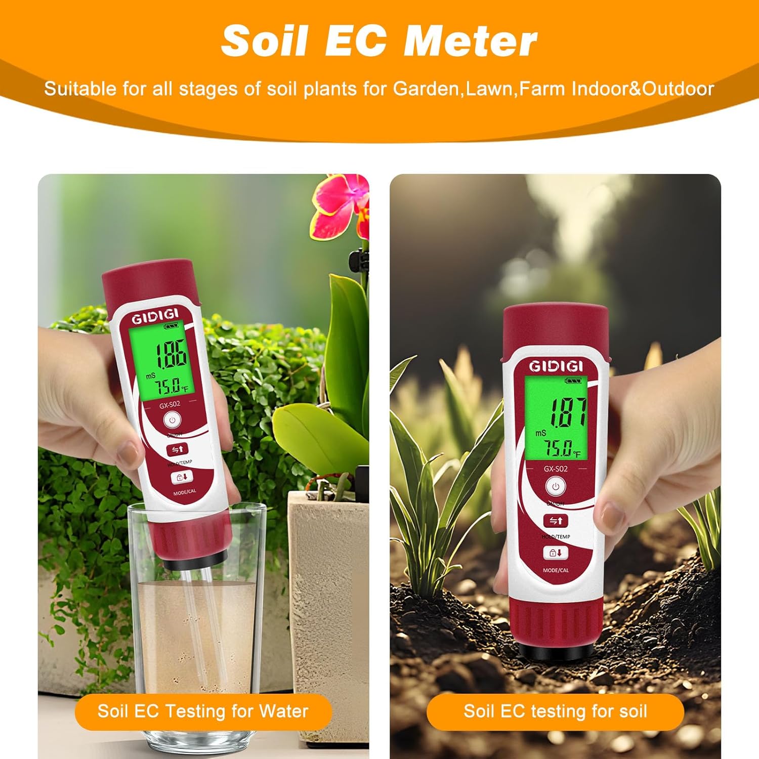 Moisture Meter for Plants, 3 in 1 Digital Soil Moisture Meter，Soil Moisture Meter and Soil EC Meter for Farms, Gardens, Orchards, Home Planting, Indoor Plants, Composting and Other Scenarios-VerdiqueGarden