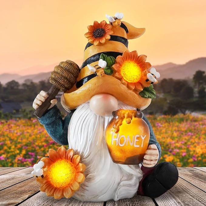 Hodao Spring Resin Garden Bumble Bee Themed Gnome Decorations-Solar-Powered Radiance-Honey Gnomes World Day Gifts Summer Lawn Garden Porch Sculptures & Statues Decorations-VerdiqueGarden