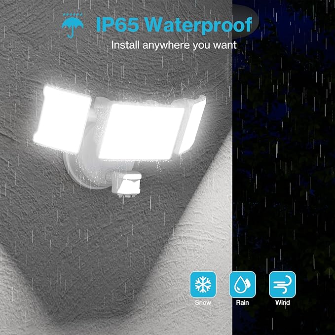 Olafus 65W Motion Sensor Outdoor Light, 2 Pack LED Security Light 6000LM, 6500K Exterior Motion Flood Light with 3 Adjustable Heads, for Outside Garage, Yard, Patio, IP65 Waterproof, White-VerdiqueGarden
