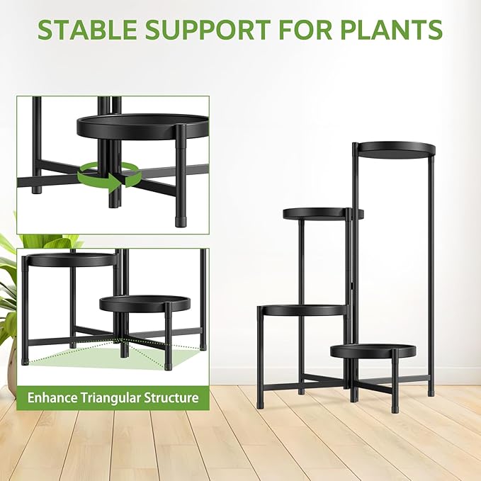 iDavosic.ly 4 Tier Large Plant Stand Indoor with 10 Inch Wide Tray, Tiered Corner Metal Outdoor Flower Display Holder Shelf, Folding Tall Rack for Patio Porch Living Room, Modern Black-VerdiqueGarden
