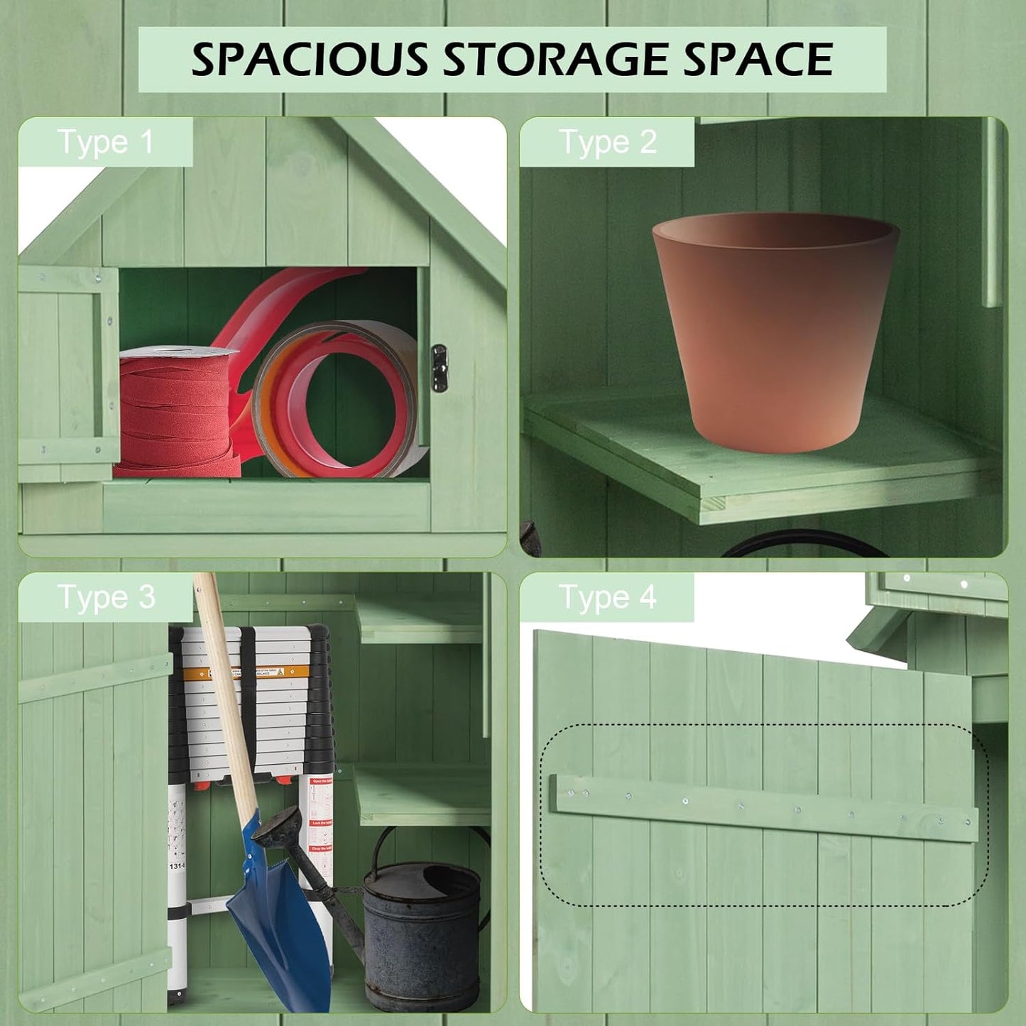 Outvita Outdoor Storage Cabinet, 70in Wooden Vertical Garden Tools Shed, Patio Storage Organizer with Latch & Waterproof Roof for Yard Deck Lawn Farmland Equipment(Green)-VerdiqueGarden