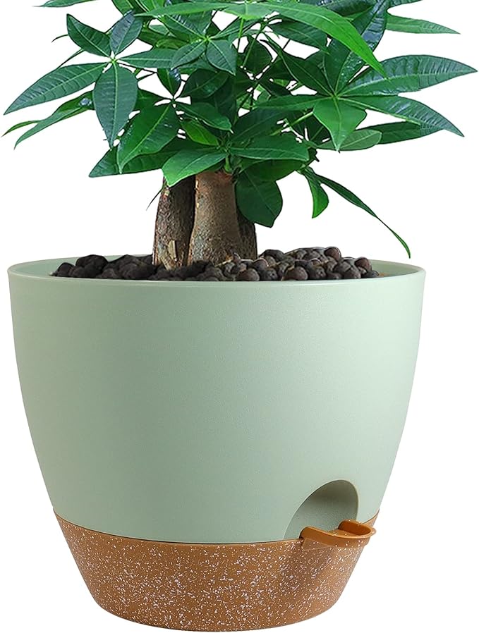 12 inch Large Self Watering Pots, Plastic Planters with 60oZ Removable Deep Reservoir and Multi Mesh Drainage Holes for Indoor Outdoor Garden Plants and Flowers, Green with Brown-VerdiqueGarden