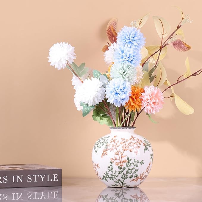 Green, White, and Brown Vintage Round vase, Chinese-Style Green Farmhouse Decorative vase, Suitable for Home Decor，Living Room, Dining Table, Office, Bookshelf, TV Cabinet, entryway Decor.-VerdiqueGarden