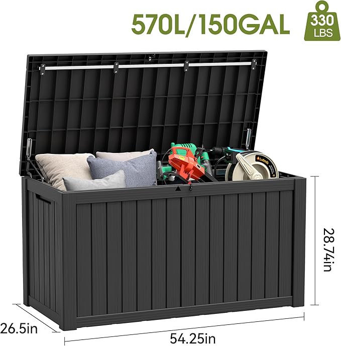 NUNU LAB 150 Gallon Outdoor Storage Box,Resin Large Sturdy Deck Box, Backyard Outside Storage Box Waterproof with Double Wall Panels,Package Delivery Garden Outdoor Hose Storage Bin-VerdiqueGarden