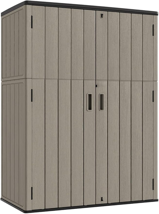KINYING Outdoor Vertical Storage Shed,57 Cu.ft Outdoor Storage Cabinet Waterproof,Resin Sheds & Outdoor Storage Clearance for Garden,Patio,Backyard,Lockable (Brown)-VerdiqueGarden