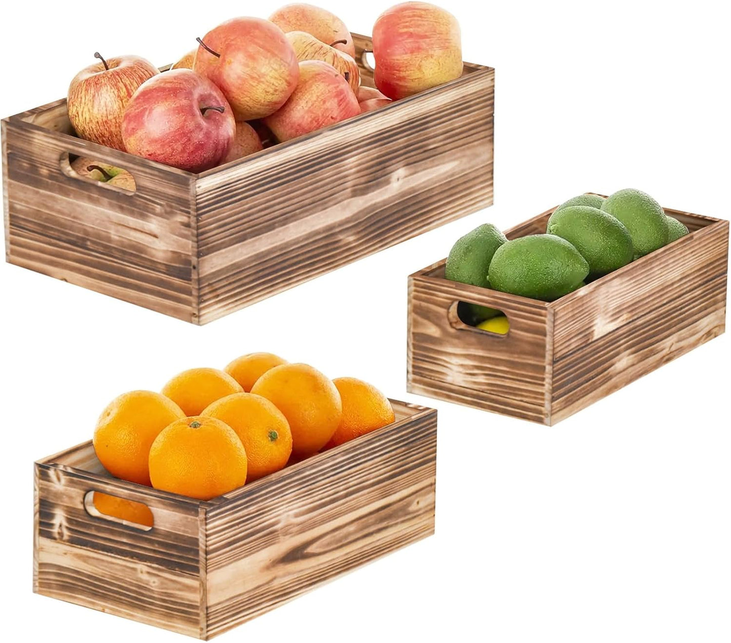 Set of 3 Wooden Boxes for Storage Small Torched Brown Wood Crates for Display and Organizing, Farmhouse Style Storage Boxes for Crafts Decor, Home Pantry and Living Room-VerdiqueGarden