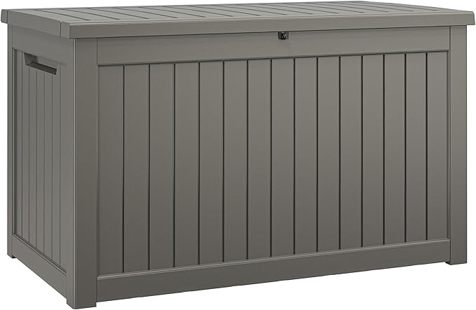 NUNU LAB 230 Gallon Large Resin Deck Box, Waterproof Outdoor Storage Box, Lockable Storage Bin for Patio Furniture, Garden Tools, Pool Accessories, UV-Resistant & All-Weather, Grey-VerdiqueGarden