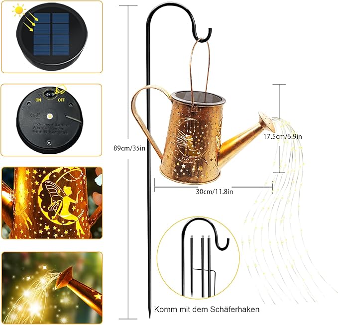 Big Solar Lanterns Outdoor Waterproof, Moon Fairy Watering Can Garden Decor,Hanging Solar Lights Yard Art, Outside Patio Decorations Gardening Birthday Gifts for Mom Grandma Women with Shepherd Hook-VerdiqueGarden