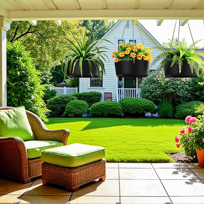 10.7 Inch Hanging Planter for Outdoor Indoor Plants，2 Pack Hanging Flower Pots with Drain Holes for Garden Home Decor Use (Black)-VerdiqueGarden