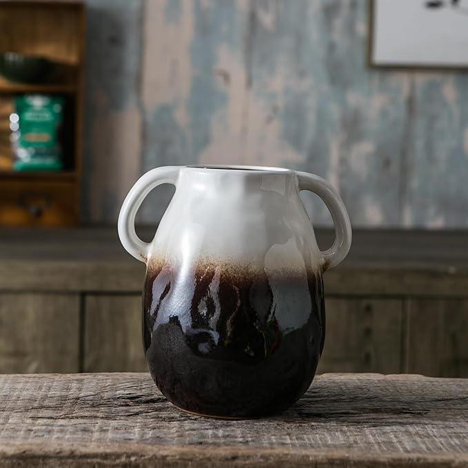 White Gradient Ceramic Vase with 2 Handles, Modern Farmhouse Decor, Rustic Terracotta Pottery, Decorative Flower Vases, Clay Small Vase, Centerpiece for Dining Table - 7 Inch Tall-VerdiqueGarden