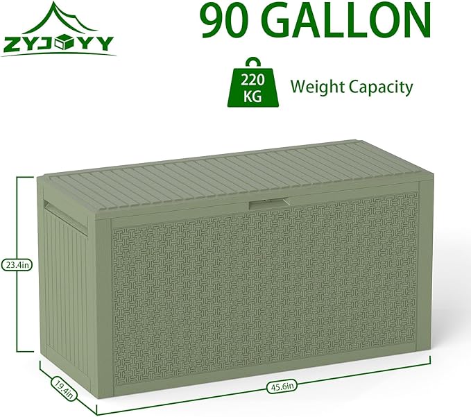 Outdoor Storage Box, 90 Gallon Deck Box, Waterproof Resin Storage Bin for Patio Cushions, Gardening Tools, Lockable, UV Resistant,Olive Green-VerdiqueGarden