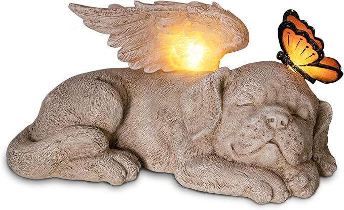 WONDER GARDEN Sleeping Dog Angel Statue with Solar Light - Pet Memorial Stone, in Memory of Dog, Marker Tribute Statues, Resin Guardian Angels, Bereavement Gift-VerdiqueGarden