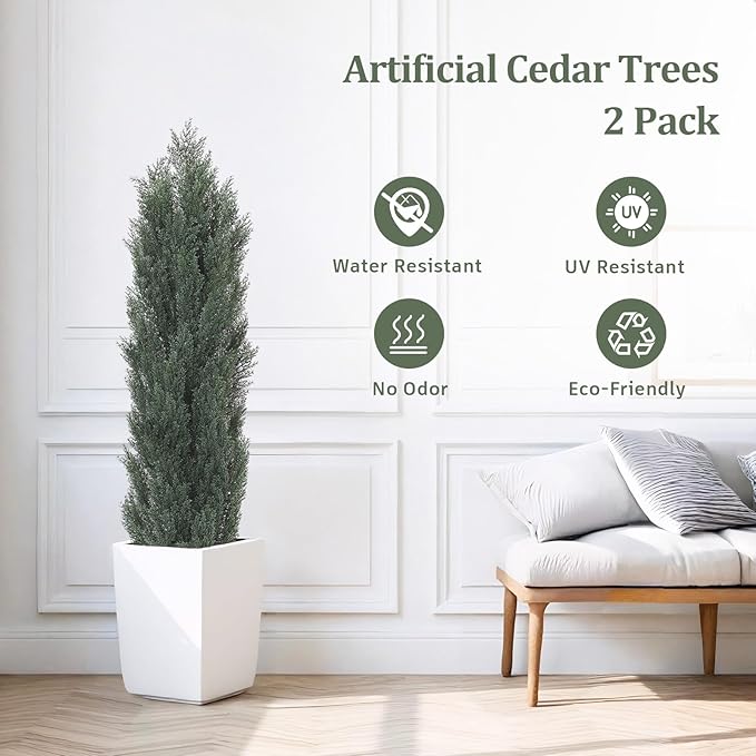THE BLOOM TIMES 5ft Topiary Trees Artificial Outdoor – UV Resistant Faux Cedar Pine Cypress Bushes and Shrubs, Fake Potted Plants for Front Porch Outside Planter Patio Decor, Set of 2 (5 Foot)-VerdiqueGarden