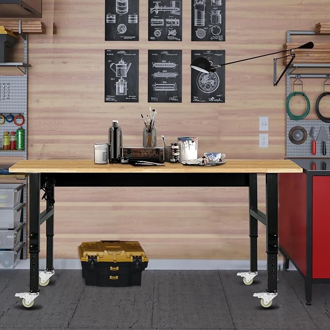 60" Adjustable Work Bench, Rubber Wood Top Workbench Heavy-Duty Work Table with Power Outlet with Wheels, 2000 LBS Load Capacity Hardwood Work Benches for Garage, Workshop, Home, Office, Easy Assembly-VerdiqueGarden