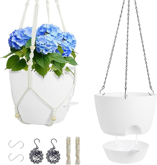 10 inch Self Watering Hanging Planters, 2 Pack Hanging Flower Pots for Indoor Outdoor Plants, Hanging Baskets with Drainage Holes & 2 Kinds of Plant Hangers for Garden Home Decor, White-VerdiqueGarden