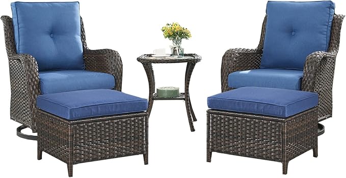 Outdoor Wicker Patio Furniture Set - 5 Pieces Rattan Patio Conversation Set with 2 Rocking Swivel Chairs,2 Ottomans and 1 Side Table for Porch Deck Backyard Garden(Brown/Blue)-VerdiqueGarden
