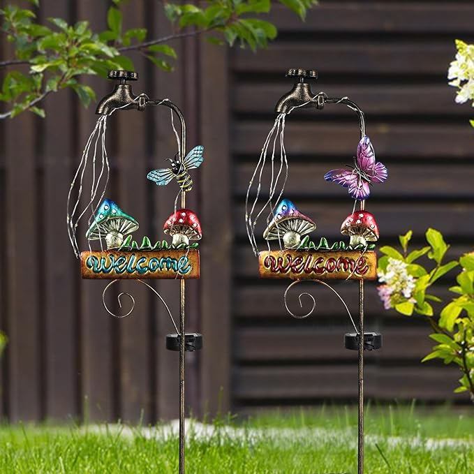 2 Pack 'Welcome' Mushroom & Butterfly Solar Yard Lights - Outdoor Solar Lights for Yard Decorative, Garden Decor Lawn Ornaments, Unique Decorative Garden Stakes for Pathways-VerdiqueGarden