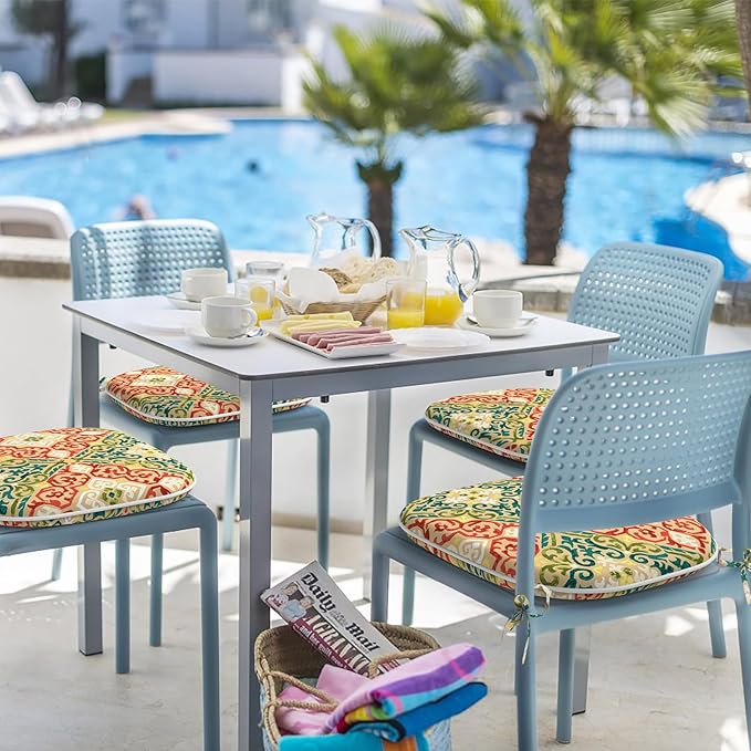 Indoor/Outdoor Chair Cushions 16x17 Inch, Patio Chair Cushions with Ties, All Weather Seat Cushions for Patio Furniture Home Garden Chair Use, Set of 2,Geometric Orange-VerdiqueGarden