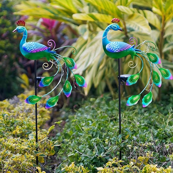 DREAMSOUL 2 Pack Peacock Solar Lights Outdoor Waterproof, Metal Outdoor Solar Lights for Yard Garden Peacock Decor-VerdiqueGarden