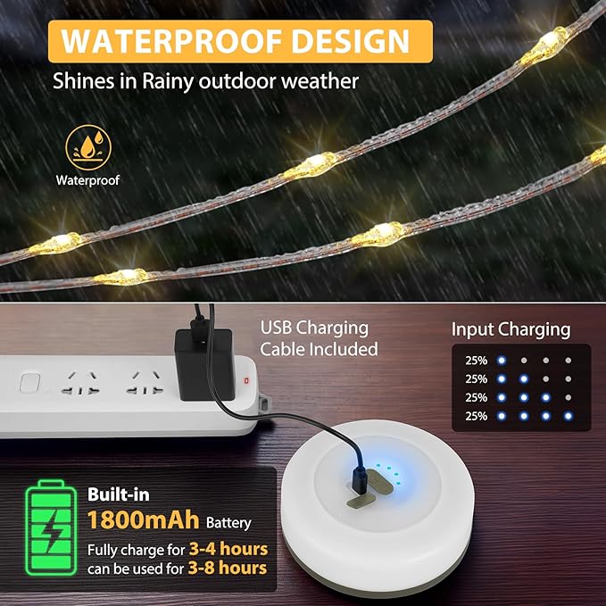 Camping String Lights, 4 in 1 Quick Storage 32.8FT Rechargeable Tent Lights with 6 Modes Hanging Waterproof Camp Lamp Camping Essentials for AwnTent Hiking Garden Bedroom Festival (Warm White)-2Pack-VerdiqueGarden