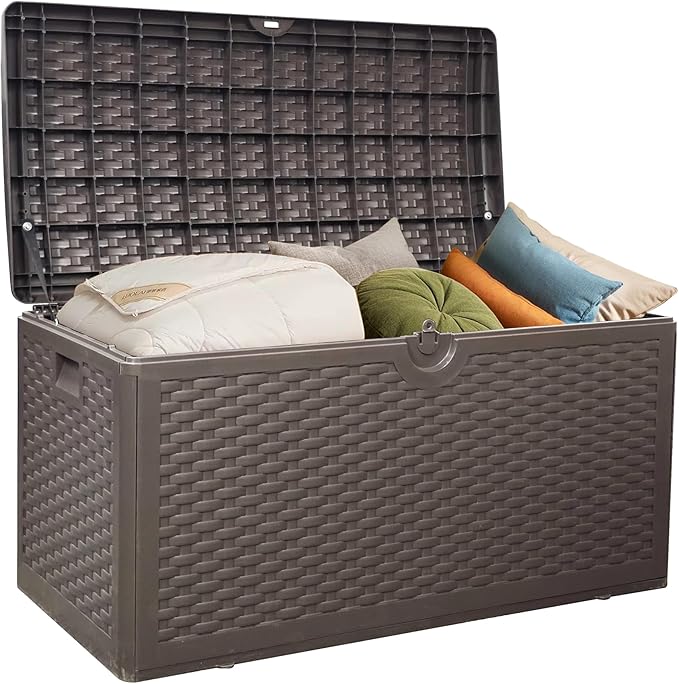 80 Plus Gallon Outdoor Storage Box, Waterproof Resin Deck Box Outdoor Storage Bin for Patio, Poolside, and Garden, Lockable & UV-Resistant, Ideal for Small Spaces, Brown-VerdiqueGarden