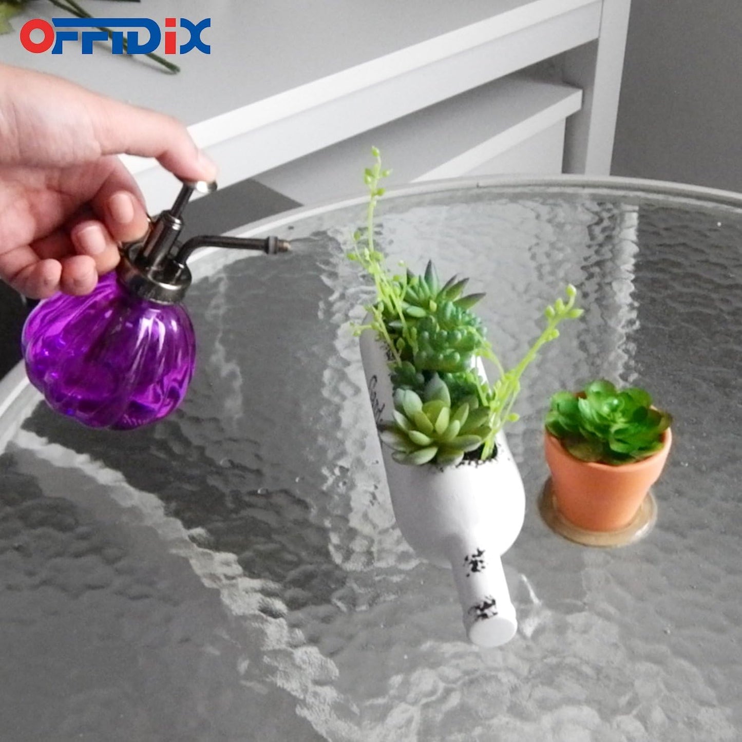 OFFIDIX Glass Watering Spray Bottle, 6.3" Tall Vintage Style Plant Mister with Bronze Plastic Top Pump One Hand Watering Can Glass Spary Bottle (Dark Purple)-VerdiqueGarden