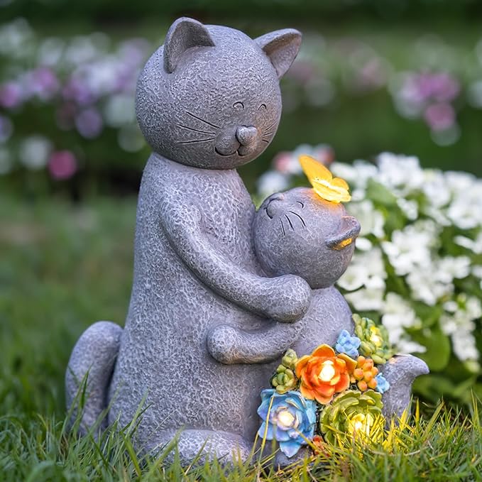 Solar Garden Statues Loving Cat Figurine Lights for Outside, Yard Decorations Outdoor, Garden Christmas Decor Unique Birthday Housewarming Gifts for Mom, Women-VerdiqueGarden