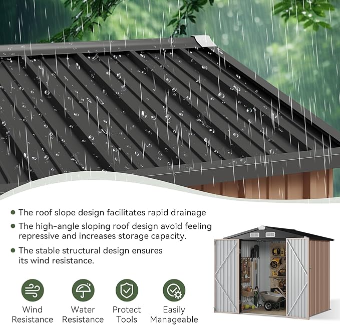 Aoxun 6.2x4 FT Shed Outdoor Storage Shed with Lockable Doors & Slooping Roof Metal Garden Tool Shed for Backyard, Patio, Poolside (Brown)-VerdiqueGarden