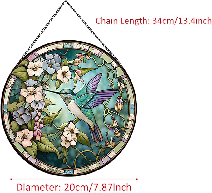 Hummingbirds and Flowers Pattern Stained Glass Suncatchers for Windows,Hanging Stained Glass Suncatcher,20cm/7.87inch Hand-Painted Sun Catcher Garden Painted Glass Panel Decor Themed Gift-VerdiqueGarden