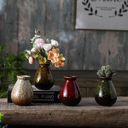 JOJUNO Glazed Rustic Bud Vase Set of 4 - Small Ceramic Mini Pottery Vases in White, Yellow, Green, Red - Ideal for Fresh & Dried Flowers - Modern Farmhouse Décor for Living Room, Shelves, Dining Table-VerdiqueGarden