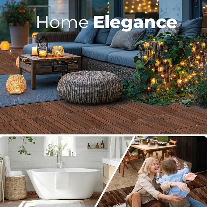 Pack of 10 Deck Tiles - 12"x12" Interlocking Natural Solid Acacia Wood for Outdoor & Indoor, Patio Garden, Balcony, Poolside - Brown Color-VerdiqueGarden