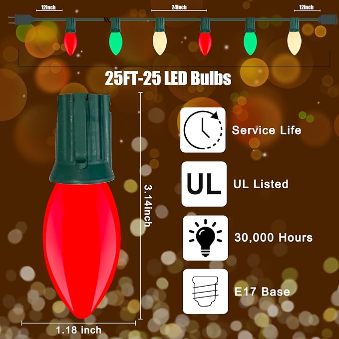 Red Green White LED Christmas Lights, 25FT Waterproof C9 Multicolor Outdoor With 26 Shatterproof Bulbs, Commercial Hanging for Roof Patio Balcony Party Xmas Decor-VerdiqueGarden