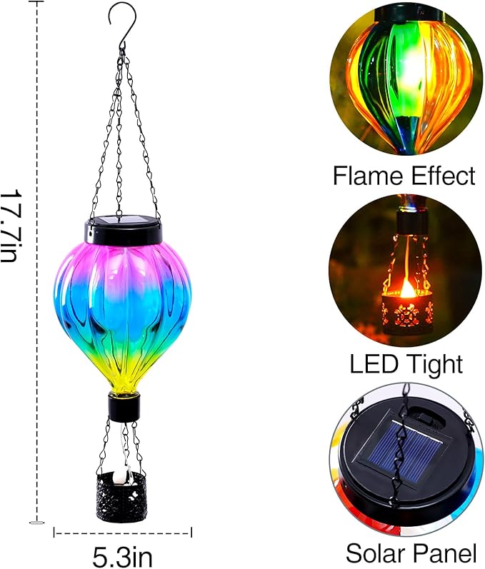 Hot Air Balloon Solar Lantern Outdoor Waterproof with Flickering Flame Gifts for Women Grandma Mom Glas Hanging Solar Lights Decorative for Outside Wall Front Porch Yard Garden Fence-VerdiqueGarden
