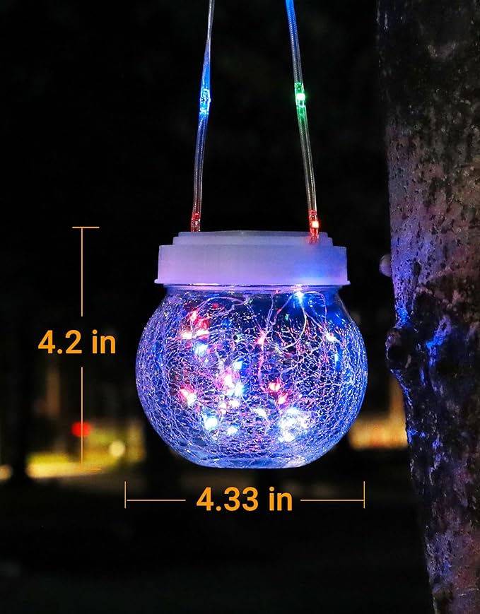 Solar Lantern Solar Lights Outdoor Waterproof 2-Pack, Solar Powered Hanging Lights Cracked Glass Hanging Globes for Christmas Decoration, Shepherd Hook, Garden Tree Ornaments,White Cap, Multi-Color-VerdiqueGarden