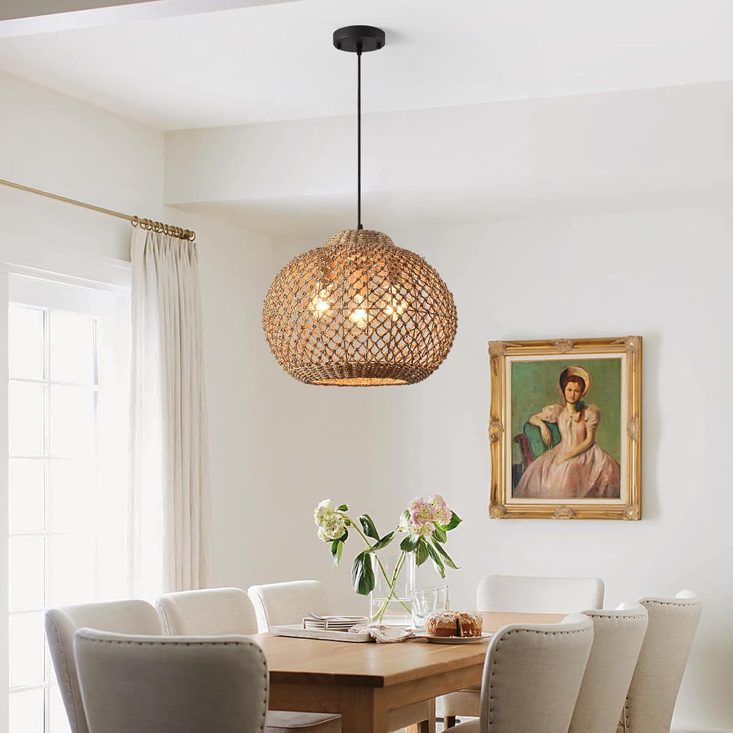 16.94" Rattan Pendant Light,Boho Wicker Chandelier Woven Water Plants, of Kitchen Island Farmhouse Dining Room,Entryway Foyer-VerdiqueGarden