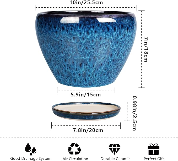 10 Inch Ceramic Planter Pot, Ceramic Plant Pot for Indoor Outdoor Plants, Large Flower Pot with Drainage Hole and Saucer, Blue-VerdiqueGarden