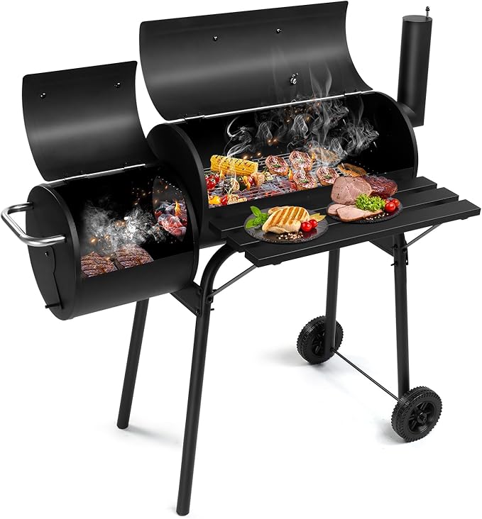 Outvita Outdoor BBQ Charcoal Grill, Portable Camping Grill for 6-10 People with Offset Smoker & Wheels for Patio Backyard Picnic-VerdiqueGarden