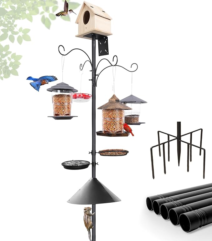 eWonLife 92 Inch Bird Feeder Pole with Squirrel Baffle & Upgraded 9-Prong Base, Adjustable Bird House Pole for Outdoors Heavy Duty, Bird Feeder Stand Post Station with 4 Shepherd Hooks, Birdbath, Tray-VerdiqueGarden