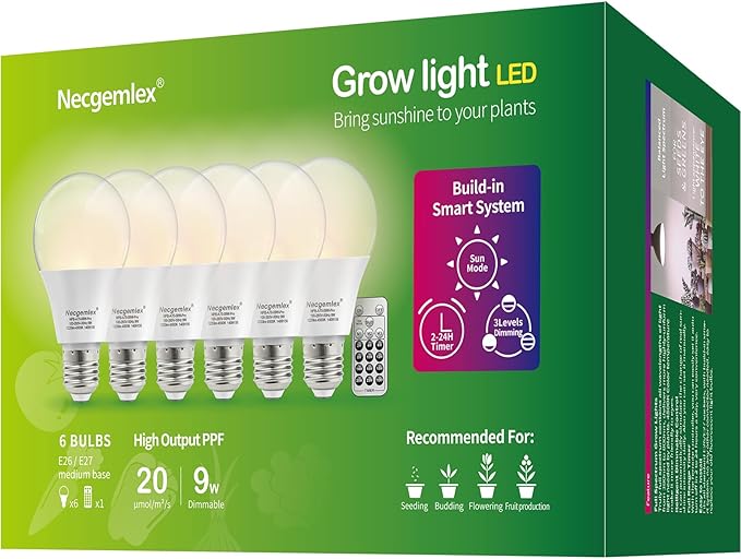 Smart LED Grow Light Bulbs with Remote Controller, Sun Simulation Mode, Built-in Auto Timer, A21/A70 E26/E27 9W Dimmable Full Spectrum Intelligent Plant Grow Bulbs for Indoor Plants, 6 Pack-VerdiqueGarden