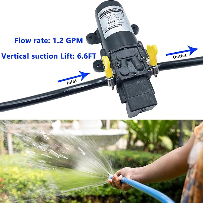 DC 12V Diaphragm Pump, Self-Priming Sprayer Pump, 1.2 GPM 87 PSI Pressure Switch Adjustable water pump, With 2 hose clamps, for RV Camping Shower Garden Irrigation-VerdiqueGarden