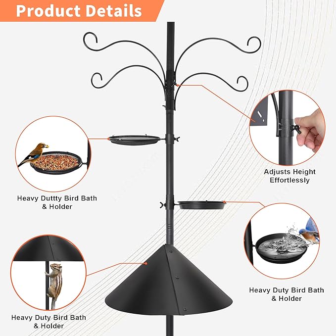 eWonLife 92 Inch Bird Feeder Pole with Squirrel Baffle & Upgraded 9-Prong Base, Adjustable Bird House Pole for Outdoors Heavy Duty, Bird Feeder Stand Post Station with 4 Shepherd Hooks, Birdbath, Tray-VerdiqueGarden
