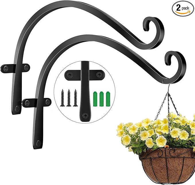 HOOPLE Plant Hangers Outdoor Heavy Duty 2 Pack, Extra Long 12 Inch Cast Iron Hanging Plant Bracket, Metal Black Plant Brackets Hook for Hanging Flower Baskets, Hanging Bracket, Elegant Design-VerdiqueGarden
