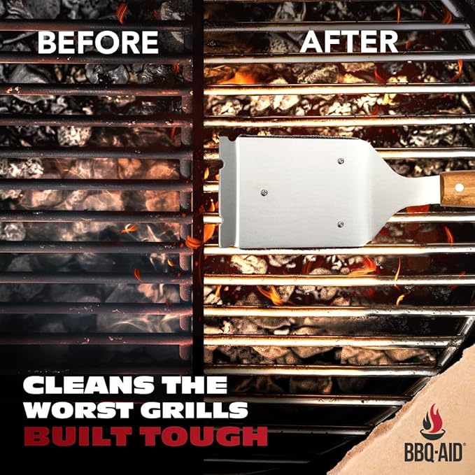 BBQ-AID Bristle Free Grill Brush and Scraper for Barbecue - Extended Large Wooden Handle With Replaceable Head - No Scratch BBQ Cleaning Accessories for Outdoor Grills-VerdiqueGarden