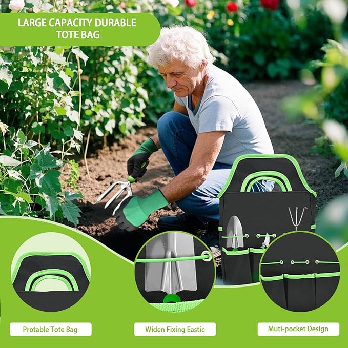 11Pcs Heavy Duty Gardening Tool Set, Shovel Stainless Steel with Non-Slip Rubber Grip, Canvas Storage Bag for Women Gardeners Pruning Shears Plant Care Weeding Tools-VerdiqueGarden
