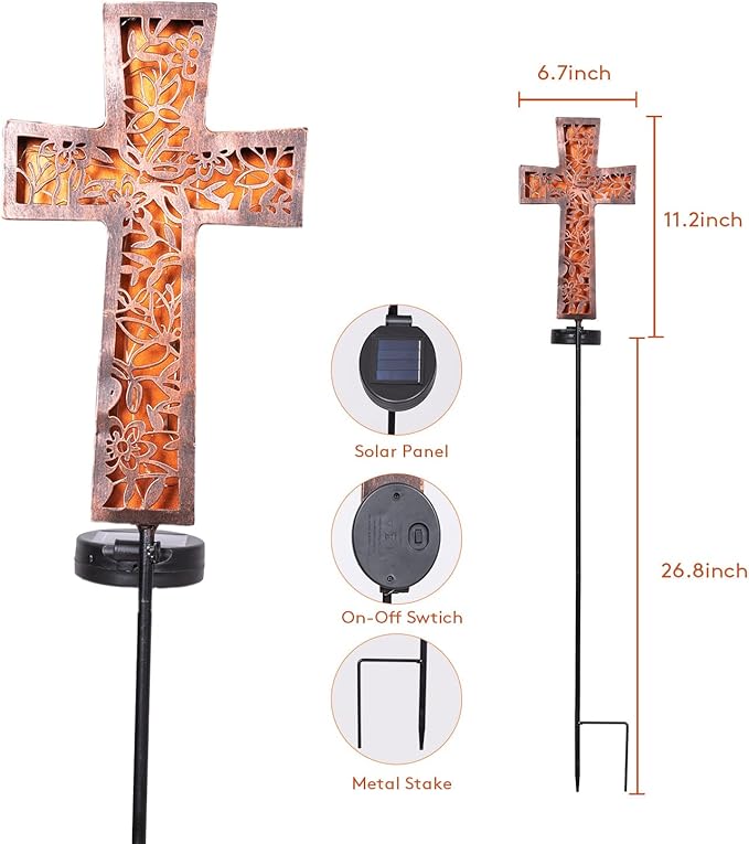 HUYIENO Solar Cross Garden Stake Lights 38inch Metal Outdoor Waterproof Memorial Garden Decor 2 Lighting Modes Cemetery Decorations for Grave for Remembrance Gifts & Sympathy Gifts-VerdiqueGarden