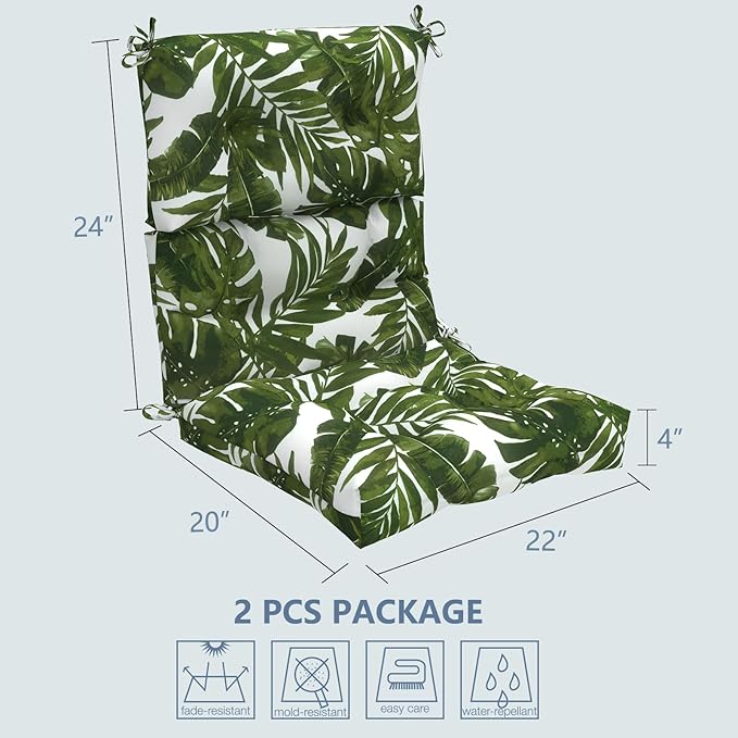 LVTXIII Outdoor Seat/Back Chair Cushion Patio Tufted High Back Cushion, Seasonal Replacement Rocking Chair Cushion with Ties (22” W x 20D”, Set of 2, Palm Green)-VerdiqueGarden