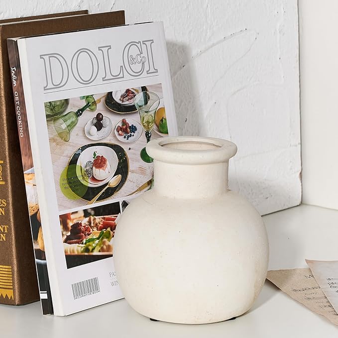 SIDUCAL Ceramic Rustic Farmhouse Vase | 6 Inch Pottery Decorative Boho Flower Vase for Home Decor, Table, Living Room, Bathroom Decoration, Shelf Decor, Mantel, Wedding, White-VerdiqueGarden