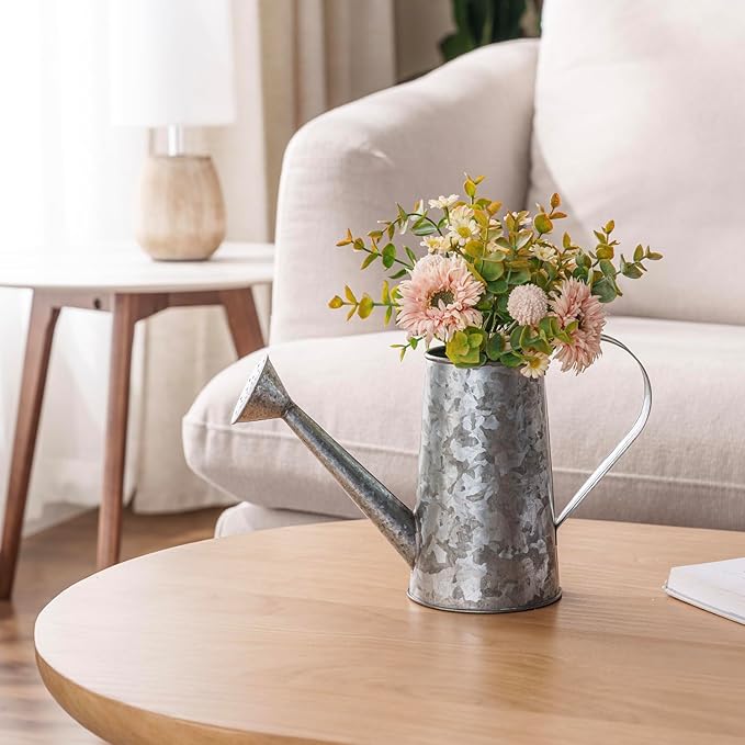 MyGift 7 Inch Small Rustic Galvanized Metal Decorative Vases in Vintage Style Watering Can Design for Dried Flowers and Artificial Plants, Set of 2 - Handcrafted in India-VerdiqueGarden