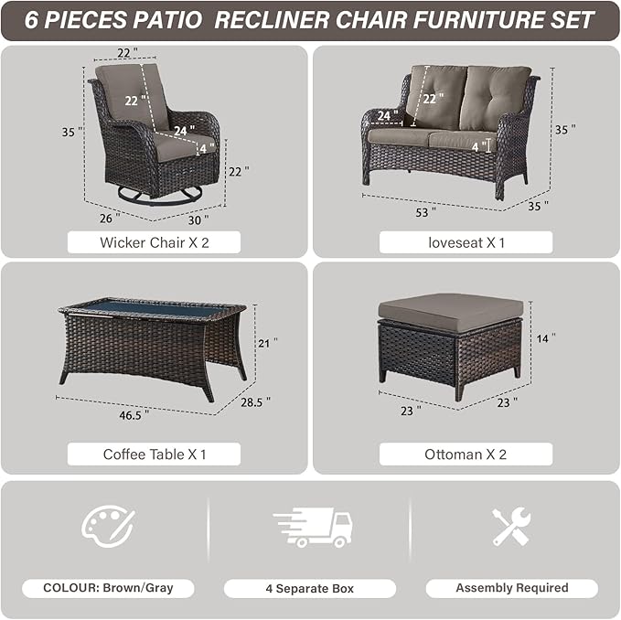Wicker Outdoor Furniture Patio Furniture Set - 6 Piece Patio Conversation Set with Swivel Rocker Chairs, Loveseat Sofa, Ottomans and Coffee Table, Gray Cushion-VerdiqueGarden