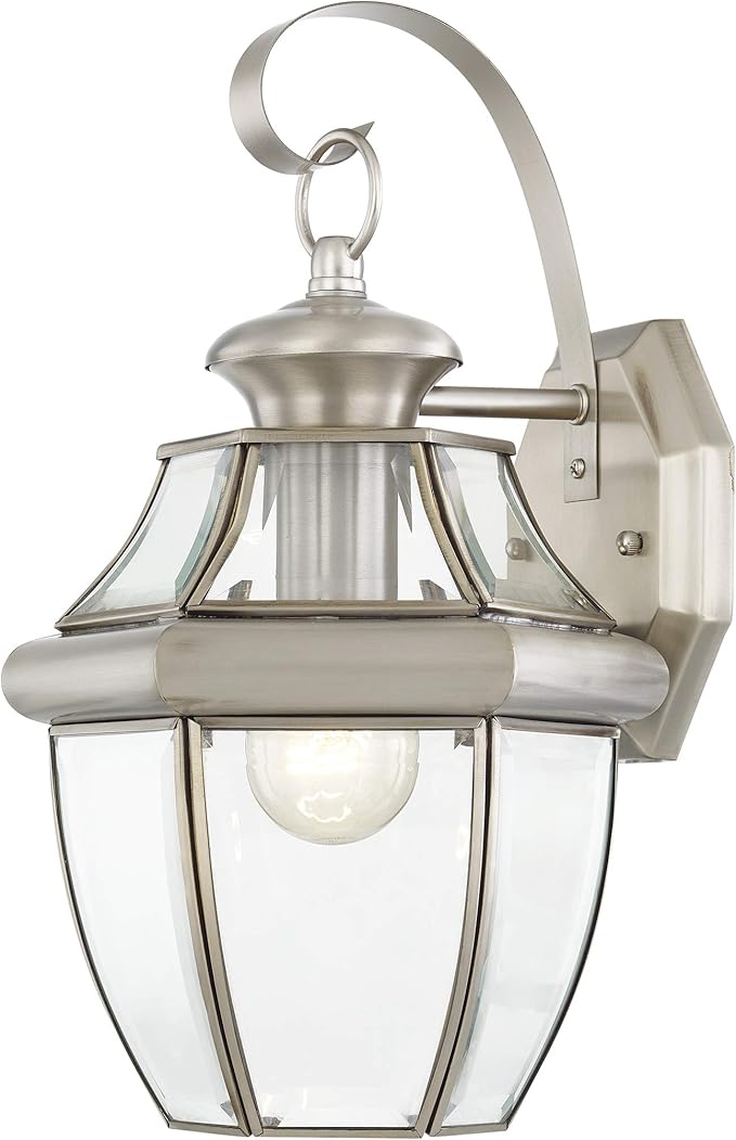 Livex Lighting 2151-91 Monterey 1 Light Outdoor Brushed Nickel Finish Solid Brass Wall Lantern with Clear Beveled Glass 13" x 8.5" x 8.25"-VerdiqueGarden
